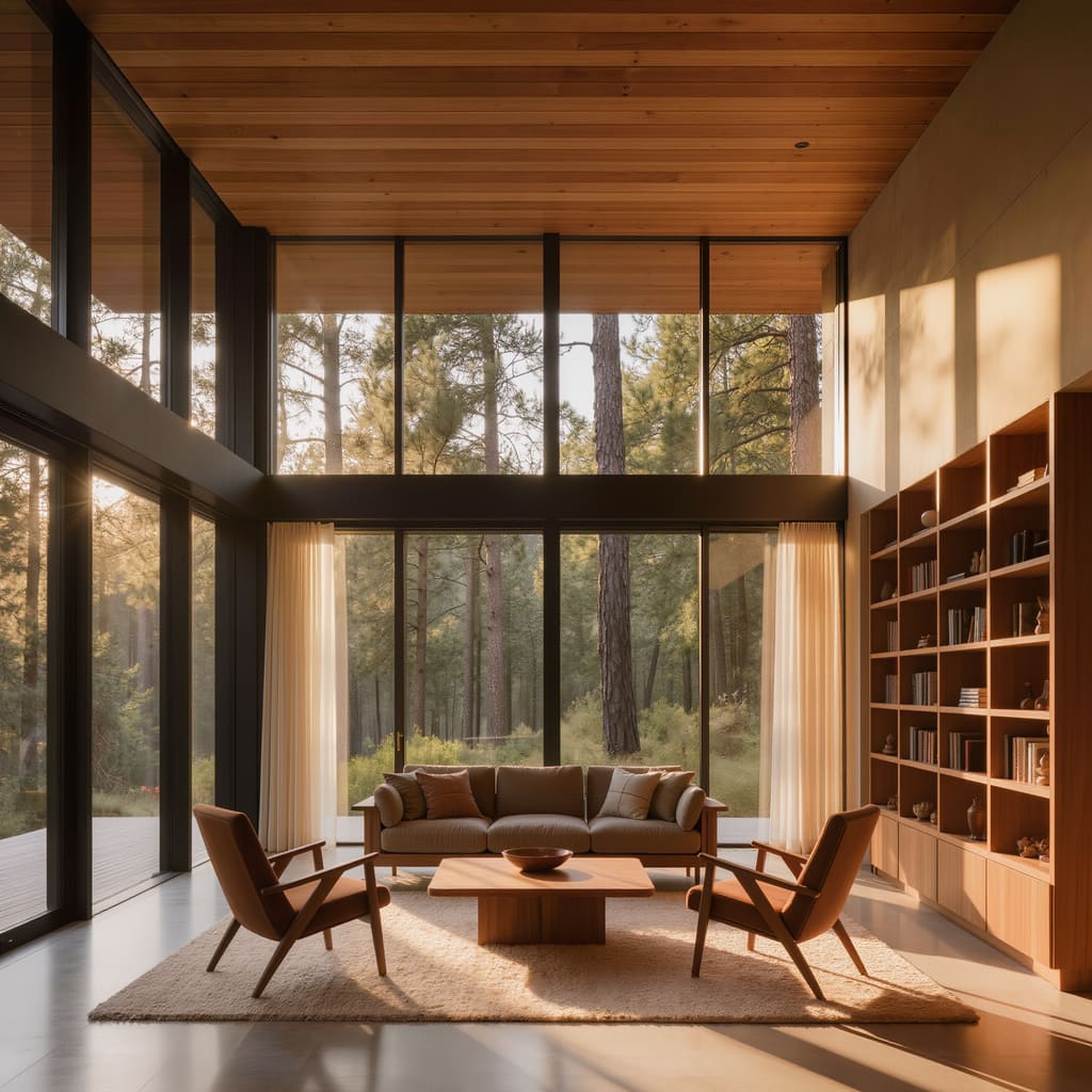 Minimalist modern living room with floor-to-ceiling windows overlooking a forest, mid-century furniture, warm light